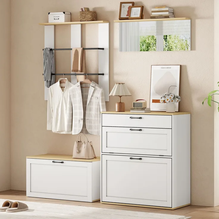 Garderoben-Set, Schrank, Schublade, Spiegel,Multifunktionale Garderobe,Schuhschrank mit Schuhbank, Kann frei kombiniert werden,Geeignet für Eingangsbereich, Wohnzimmer,Weiß + Holzton,156x36x176cm--Weiß+Natur--156x36x176cm--YOUDENOVA