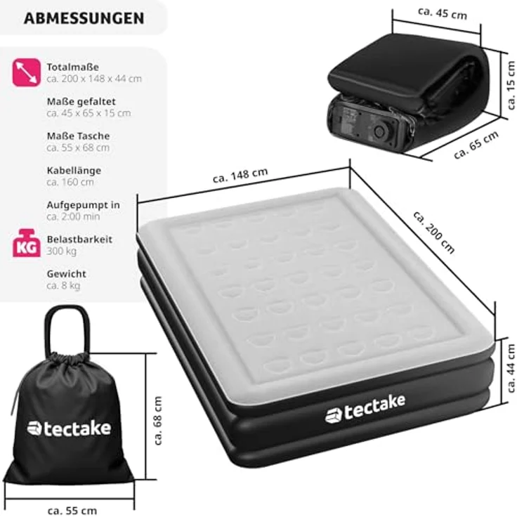 tectake AirDreams Luftbett, selbstaufblasend mit elektrischer Pumpe, Schwarz, Weiß, 200 x 148 x 44 cm, belastbar bis 300 kg – Bild 8