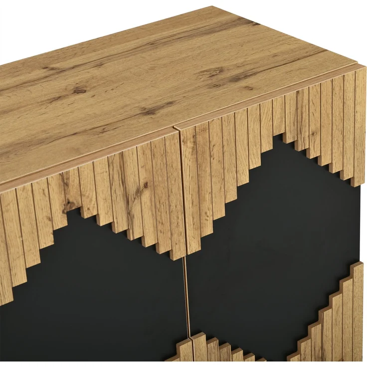 Merax 140cm Sideboard, Schrank mit 2 Türen, Schließfächer, Rautenmuster, aus robustem Spanplatte mit MDF, bis 50 kg belastbar, Holzfarbe+Schwarz – Bild 8