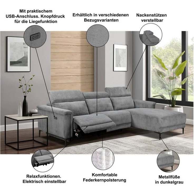 OTTO home Ecksofa LUND, L-Form, 261cm, man. o. elektr. Relaxfunktion (mit USB-A), und Kopfteilverstellung – Bild 2