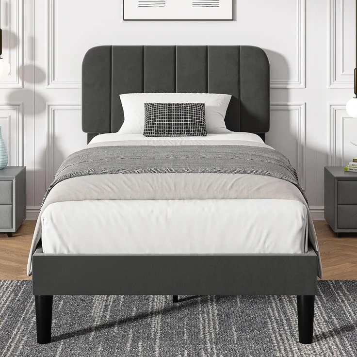 VECELO Polsterbett 90x200 cm mit Lattenrost Rückenlehne, Hautfreundliche Leinenmaterial, Bett Einzelbett Jugendbett(Ohne Matratze), Legierter Stahl, Grau