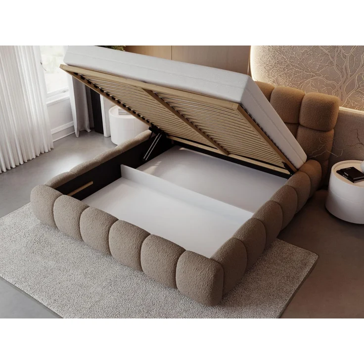 GRAINGOLD Modo Polsterbett 180x200, Doppelbett mit Kopfteil, groß Stauraum, Bouclé-Stoff, Braun – Bild 5
