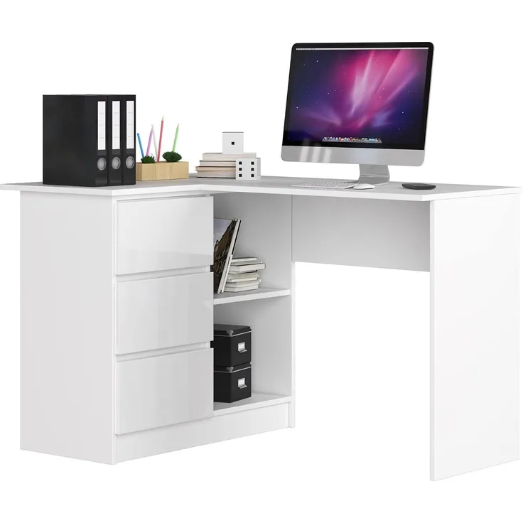 Eck-Schreibtisch B-16 mit 3 Schubladen und 2 Ablagen | Schreibtisch | ecktisch | Eck Schreibtisch für Home Office | Einfache Montage | B124 x H77 x T85, 48 kg Weiß/Weiß Glänzend