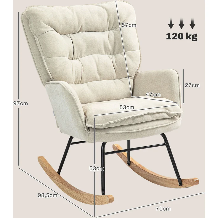 Schaukelstuhl mit Holzkufen Chenille Bezug Ergonomische Rückenlehne 120 kg Tragkraft Beige – Bild 7