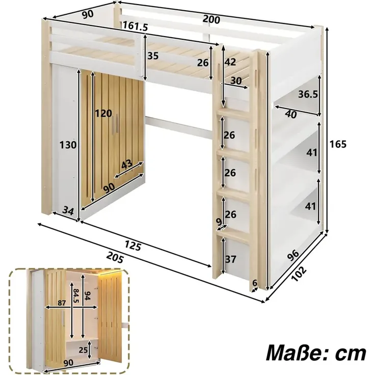 Hochbett mit RGB LED-Streifen, Lattenrost, Kleiderschrank, Trittleiter, Regal und Rausfallschutz, 140x200 cm, Kinderbett, Kiefer – Bild 5