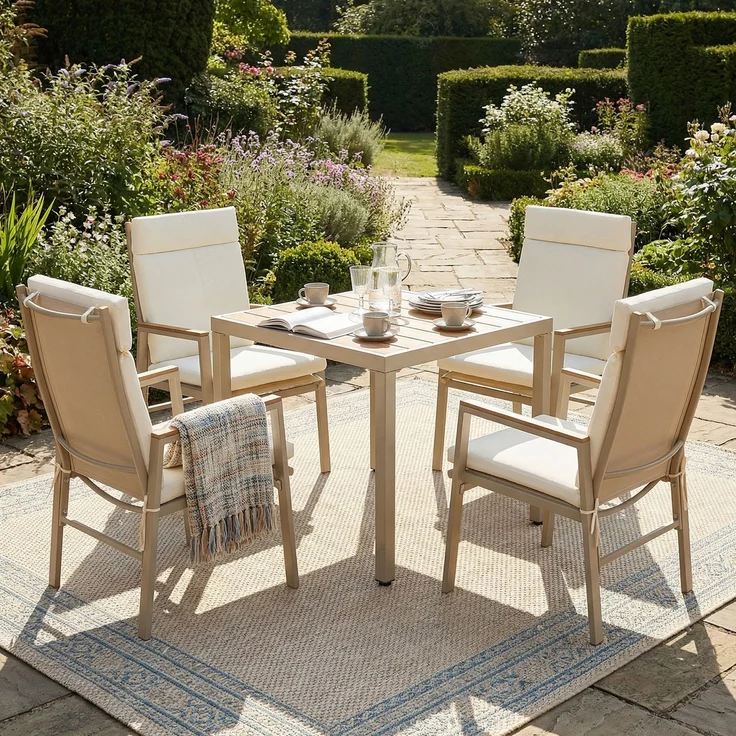 Garten-Essgruppe für 4 Personen mit Tisch und 4 Stühlen, verzinktem Eisen, Kunststoffholz-Tischplatte, Khaki + Beige – Bild 3