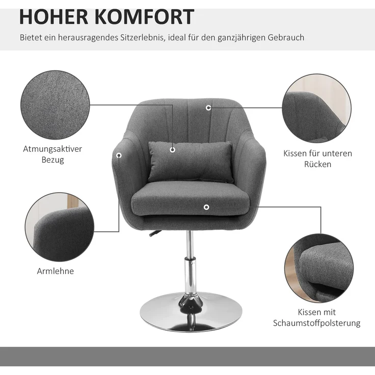 MELAYR, Drehstuhl, höhenverstellbarer Bürostuhl, leinenartiges Polyester, Metall, 60 x 60 x 79-91 cm, Dunkelgrau – Bild 6