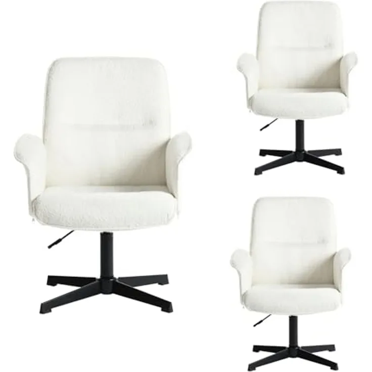 MEUBLE COSY Bürostuhl 3er Ergonomisch Schreibtischstuhl mit höhenverstellbar Armlehnen 360° Drehbar Schminkstuhl Sessel für Büro Wohnzimmer Schlafzimmer Vanity, Bouclé Frottier, Weiß