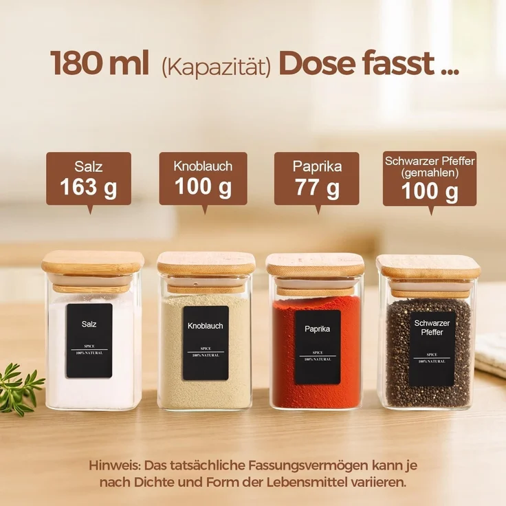 16er Set Gewürzgläser Glas Bambusdeckel 170ml + 275 Etiketten – Bild 2