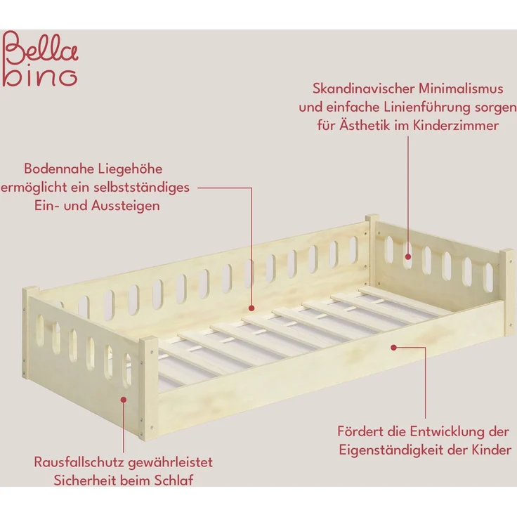 Bellabino 'Miera' Bodenbett 90 x 200 cm, Sperrholz, mit offener Seite, inkl. Rolllattenrost und Matratze – Bild 4