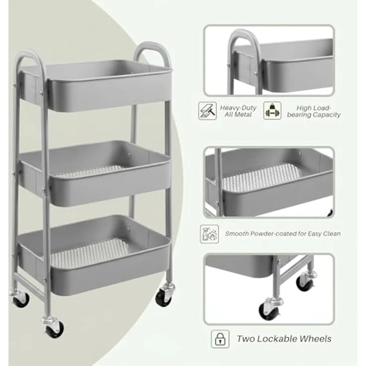 DOEWORKS Rollwagen Metall Aufbewahrungswagen Küchenwagen 3-Etagen, Servierwagen Organizer Wagen für Wohnzimmer Schlafzimmer Make-up Badezimmer Büro, Grau – Bild 6
