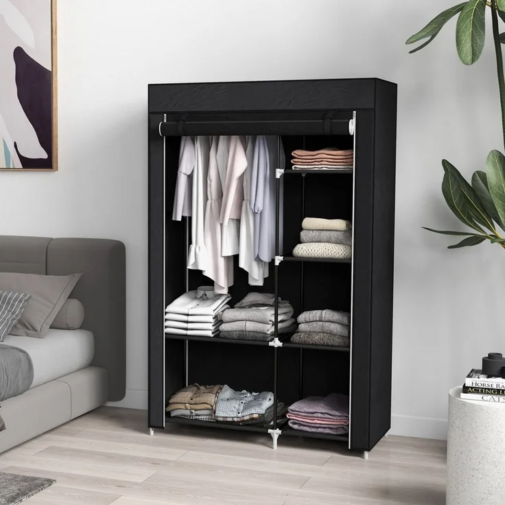 MODFU Stoffschrank Stoffkleiderschrank Schwarz, 103x43x162,5 cm, 6 Fächer, Vliesoptik (Packung, 1-St, Faltbare Faltgarderobe für Kleidung & Accessoires) Platzsparender Garderobenschrank für Schlafzimmer, WG & Camping – Bild 2