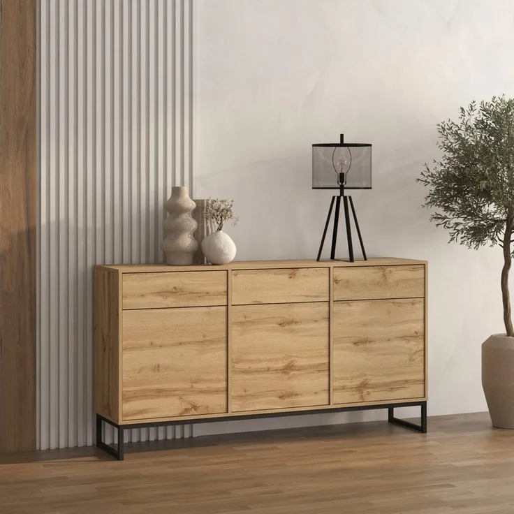 OTTO home Sideboard Loft, Breite 157 cm, grifflose Kommode 3 Türen/3 Schubkästen, Schubladenschrank mit viel Stauraum, Einlegeböden verstellbar