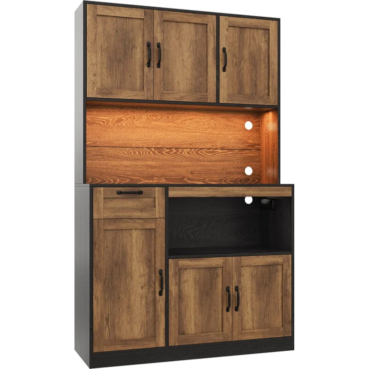 Küchenschrank 110 x 40 x 180 cm mit RGB-LED-Beleuchtung und Stauraum – Natur und Schwarz – Bild 7