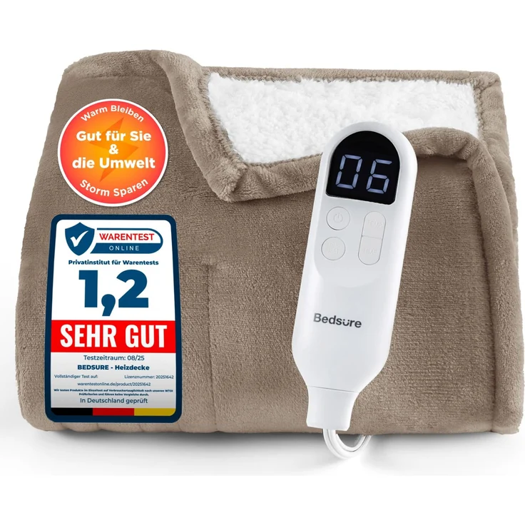 BEDSURE Heizdecke Wärmedecke Elektrische Kuscheldecke - 200x180 cm, Braun | mit Abschaltautomatik, 6 Heizstufen & 10 Stunden Timer, bis zu 8 Stunden Überhitzungsschutz für Home & Office
