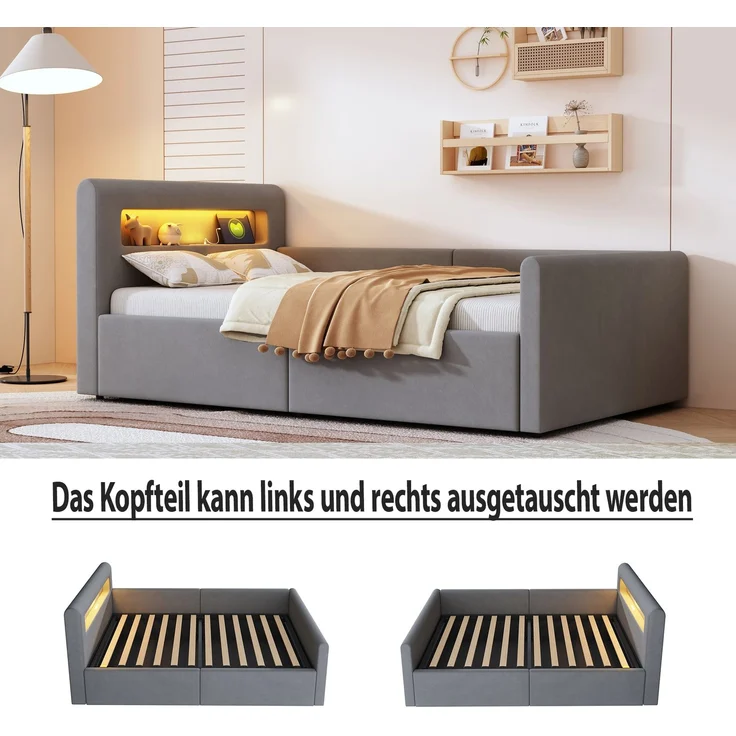 Polsterbett Kinderbett 90x200 cm mit LED, USB, Nachtlicht, hydraulischem Stauraum, Samt, Matratze nicht enthalten – Bild 9