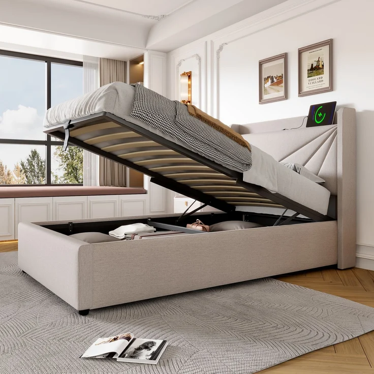 Rayofly-Leinen Polster-Einzelbett H200cm x T90cm x B90cm, Stauraum-Bettkasten, USB & Typ-C Lade-Kopfteil, Lattenrost, ohne Matratze, Beige – Bild 6