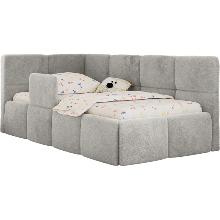 Jugendbett, Kinderbett mit Kopfteil ARVO ALTA 90x200 cm, Polsterbett mit Stauraum, hoher Schlafkomfort - Hellgrau Plüsch - Links – Bild 7