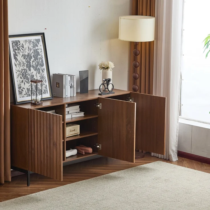 Merax 150x40x80cm Eiche dunkel gemasert, Sideboard, Mid-Century Modern Dekoschrank, 3 Türen, welliges 3D-Design, verstellbare Einlegeböden, Kippsicherung-stilvolle Aufbewahrung für Wohnzimmer, Esszimmer – Bild 3