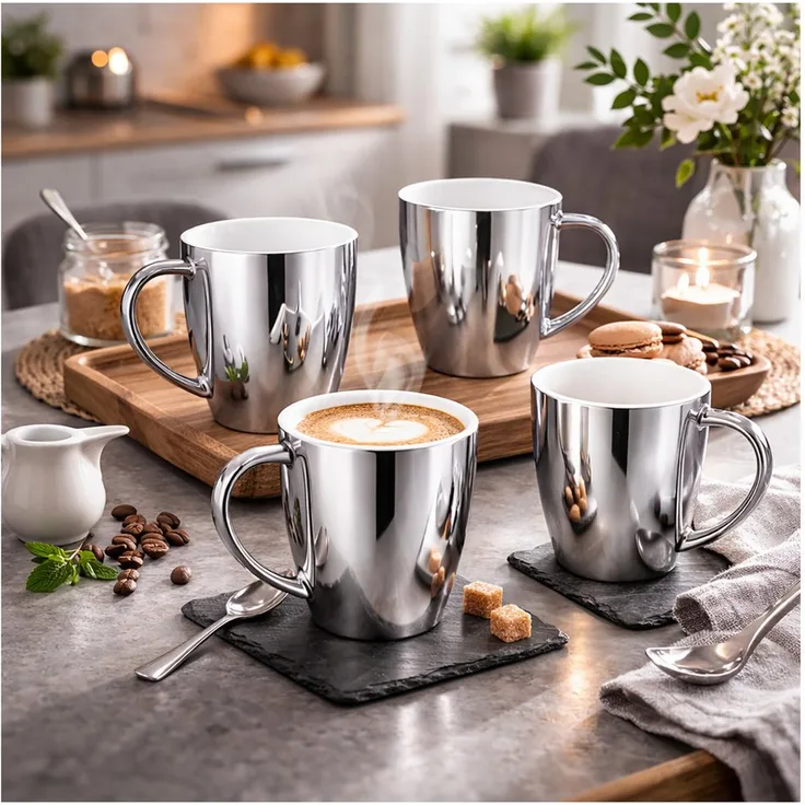 Neuetischkultur Tasse Becher Set, 4-teilig, silberfarben mit 250 ml Fassungsvermögen, Keramik mit Henkel