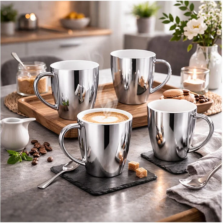 Neuetischkultur Tasse Becher Set, 4-teilig, silberfarben mit 250 ml Fassungsvermögen, Keramik mit Henkel