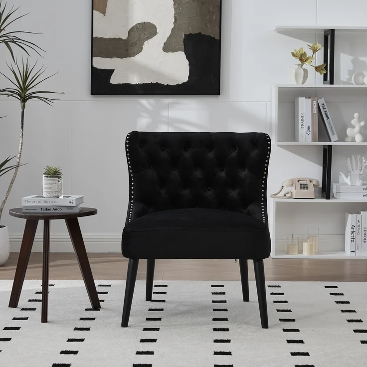 LVHOM Polsterstuhl aus Samt, Esszimmerstühle mit Knopfheftung, ohne Armlehnen, Massivholz Beine, Für Wohnzimmer, Büro & Schlafzimmer, Schwarz – Bild 9
