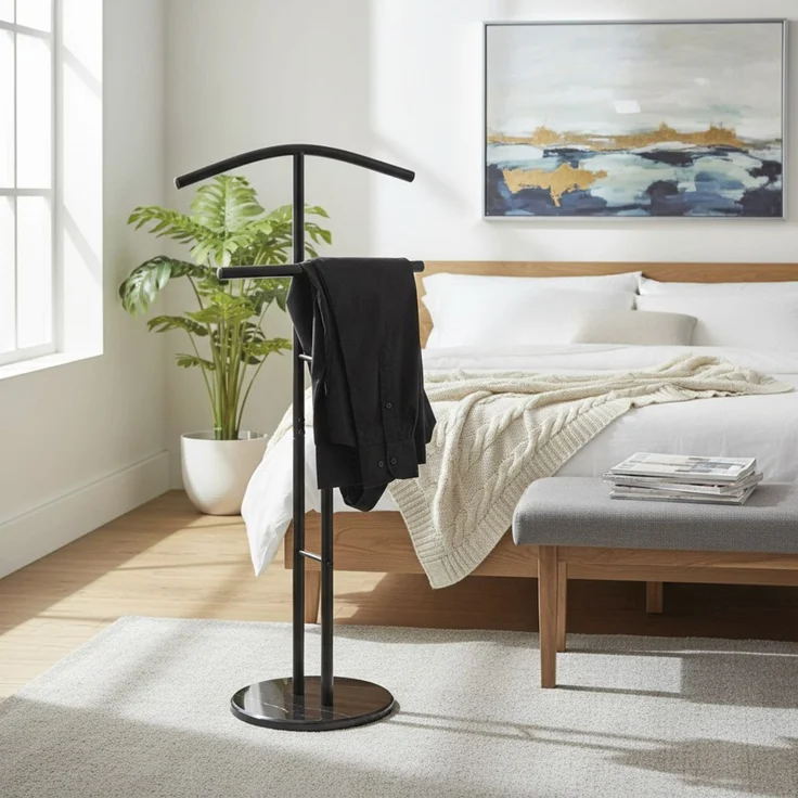 Haku Herrendiener Dressboy aus Stahlrohr schwarz pulverbeschichtet mit Marmorfuß, Anzugständer fürs Schlafzimmer, 48x30x105 cm – Bild 3