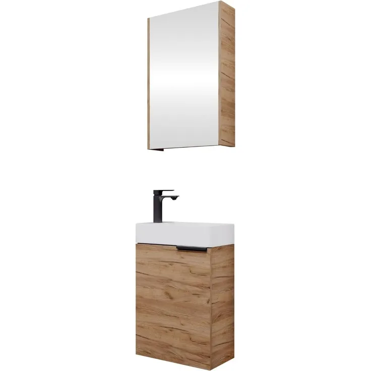 Planetmöbel Badmöbel-Set Badmöbel-Set 40cm mit Spiegelschrank Gold Eiche, (Komplett-Set, 3-St), Badmöbel, Breite 40 cm, Soft-Close-Funktion