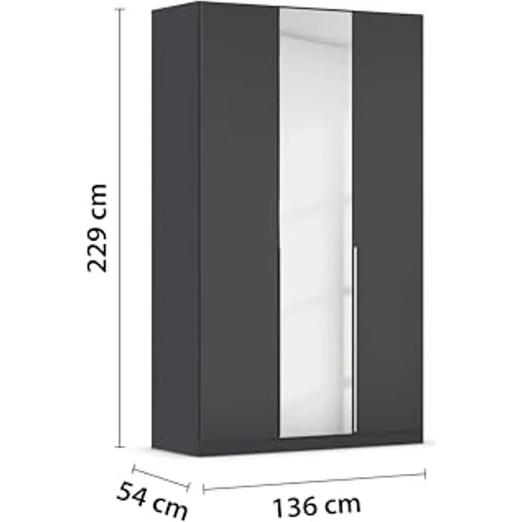 Rauch Möbel Alabama, Kleiderschrank für Schlafzimmer, Kinderzimmer, Wohnzimmer, Garderobe, Flur, 3-türig, Spiegel, mit Zubehör Classic, Farbe Grau metallic, Schwarz, Breite 136 cm – Bild 3