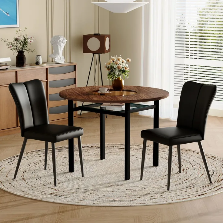 Esstisch-Set rund 100 cm Braun/Schwarz mit Glasablage, MDF-Tischplatte und PU-Stühlen