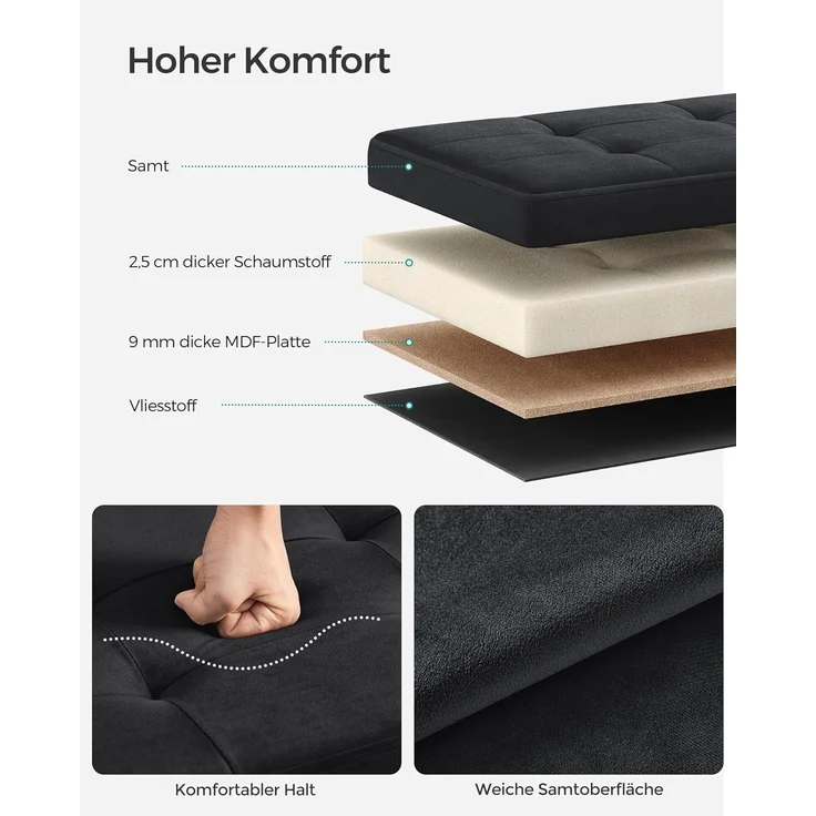 Songmics Sitztruhe mit Stauraum, Samt tintenschwarz, 38 x 38 x 76 cm – Bild 5