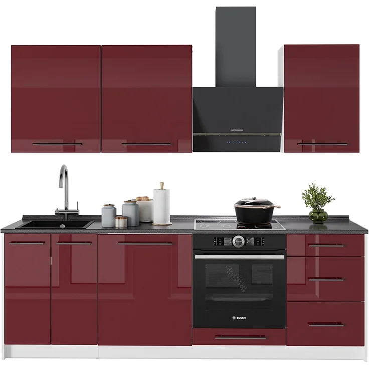 Küchenzeile Fame-Line Bordeaux Hochglanz/Weiß 230 cm, AP Eiche Vicco – Bild 6