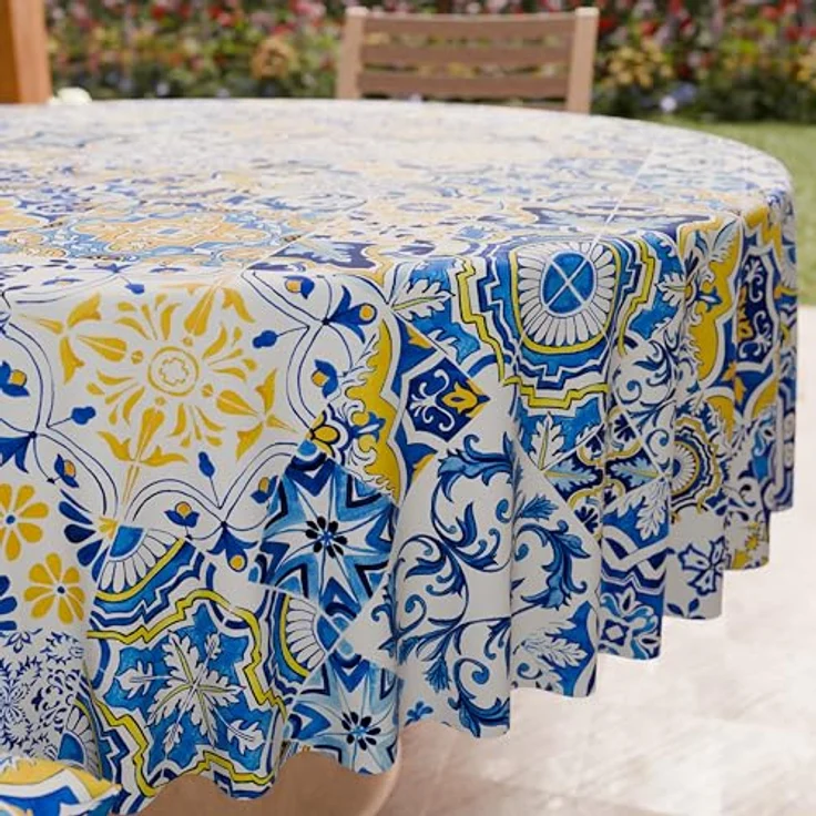 PETTI Artigiani Italiani - Schmutzabweisende runde Tischdecke aus Mikrofaser (Durchmesser 220 cm), Küchentischabdeckung für runden Tisch, Design Vietri 02, Blau, 100% Made in Italy – Bild 5