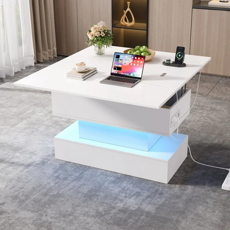 STILVORA Couchtisch mit Steckdose,anhebbarer Wohnzimmertisch Sofatisch mit LED-Licht (höhenverstellbar Sofatisch, Satztisch, Beistelltisch, 1-St, 100*50*51.5cm), mit LED, Steckdose, USB-C und USB-Ladebuchse – Bild 2