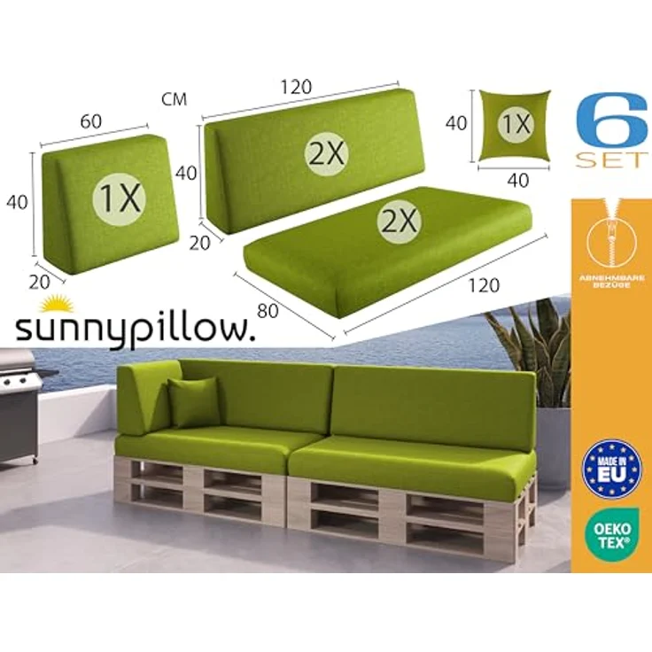 sunnypillow Palettenkissen mit abnehmbarem Bezug Kaltschaum Palettenauflage Palettenpolster Palettensofa Sitzkissen Rückenlehne Indoor Outdoor 6er Set 120x80 Grün – Bild 3