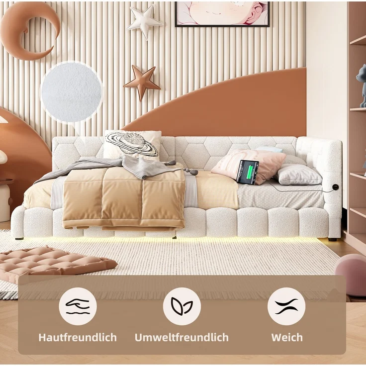 CHICFURN Bett aus Vliesimitat Weiß 90x200 cm mit LED-Beleuchtung und USB- und Type-C-Anschlüssen – Bild 6