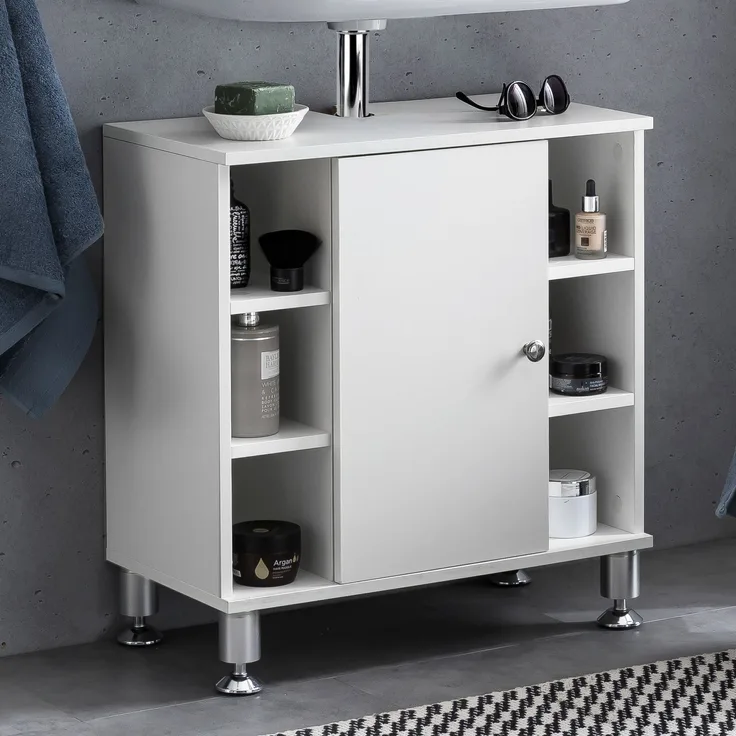 Waschbeckenunterschrank 60 x 64 x 32 cm mit Tür & 6 Ablagefächer Weiß