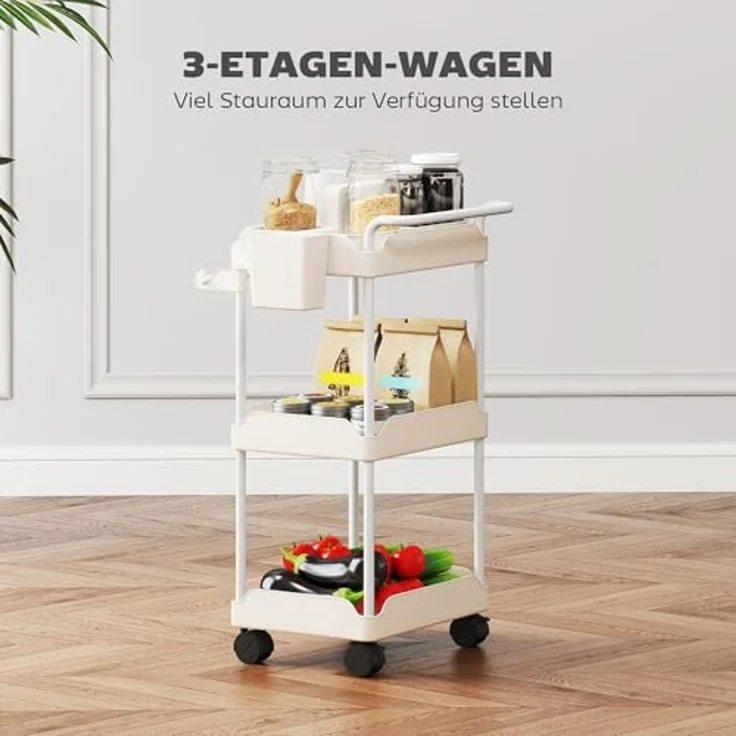 HOMCOM Küchenwagen mit 3 Ebenen, hängenden Körben, Tuchhalter, (Servierwagen, 1 St, Rollwagen), für Wohnzimmer Küche Bad Büro Weiß – Bild 3