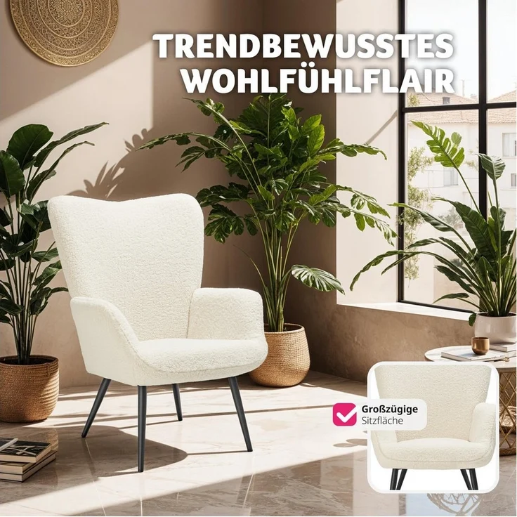 tectake Relaxsessel Sessel Hygge gepolstert, Bouclé-Stoff, Belastbarkeit 150 kg, Ergonomische Rückenlehne und Armlehnen für höchsten Komfort – Bild 3