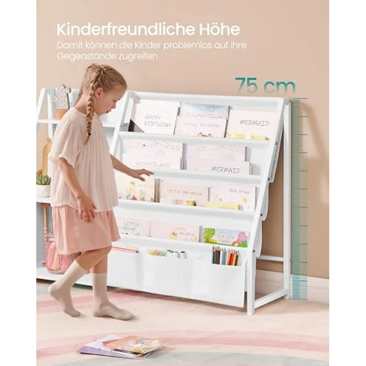 SONGMICS Bücherregal Kinder, mit Seitentasche, Stahl/Textil/Holz Weiß, 30 x 108,5 x 75 cm – Bild 6