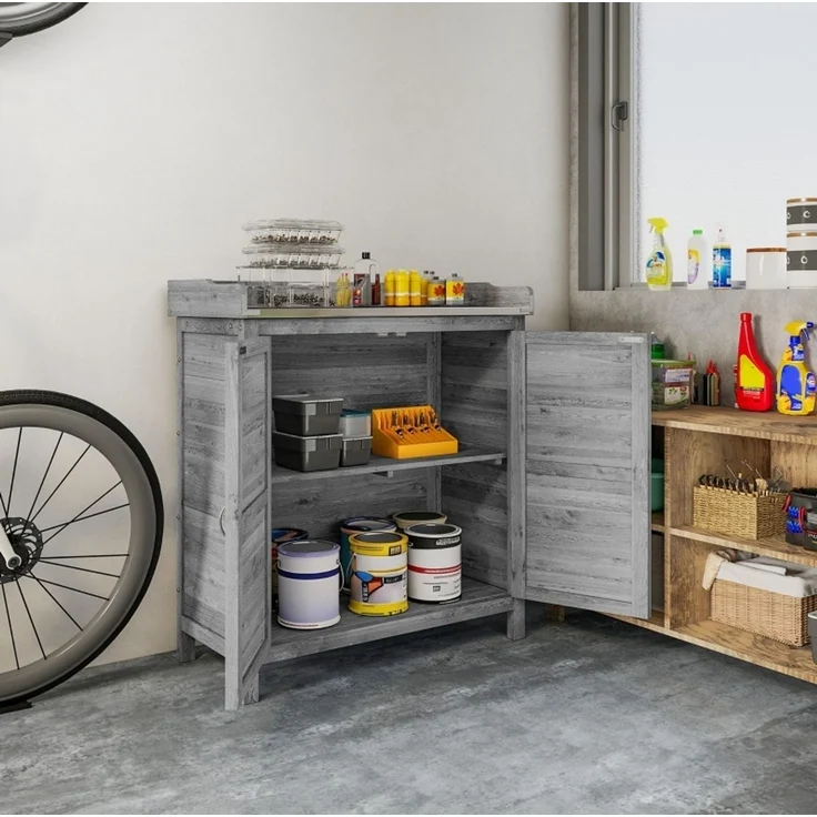 Gartenschrank mit Pflanztisch, 92 cm hoch, aus Fichtenholz mit verzinkter Arbeitsplatte, grau – Bild 1