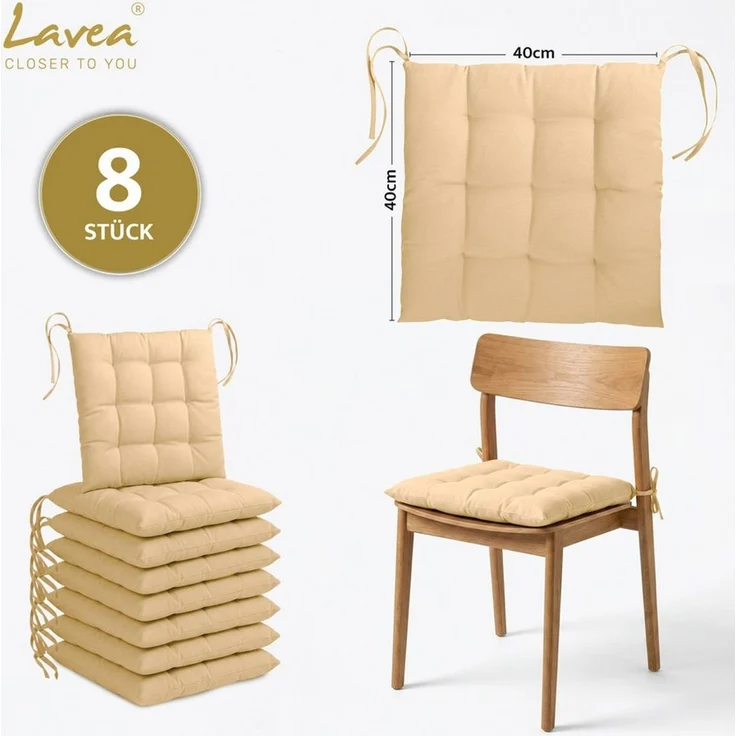 Lavea Stuhlkissen Lavea® Sitzkissen & Stuhlkissen 40x40 cm – 4er/8er Set, 40x40x3 cm, mit Stoffbändern, Indoor & Outdoor, für Garten & Balkon – Bild 2