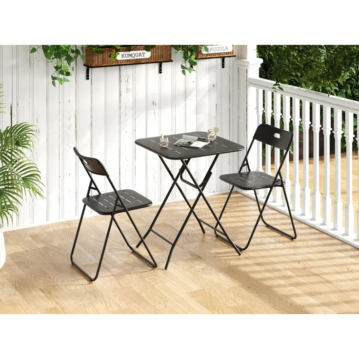 LVHOM Bistroset 3-tlg, Gartenmöbel-Set mit klappbaren Stühlen und Tisch, Balkonmöbel Set aus Stahl, wetterfeste Sitzgruppe, Schwarz – Bild 2