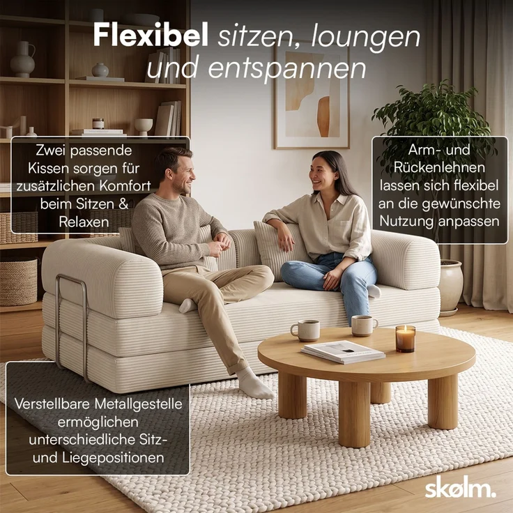 skølm 'Lofn' Modulares Sofa 2 Sitzer, 200x100 cm, Vollschaumcouch mit Metallgestell, Cord beige, Schlafsofa vakuumverpackt, kein Aufbau erforderlich – Bild 4