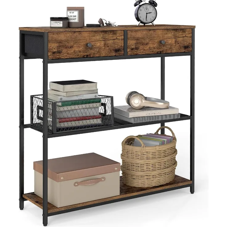 VASAGLE Konsolentisch schmal, Beistelltisch mit 2 Stoffschubladen, Flurtisch, 24 x 76 x 80 cm, für Flur, Wohnzimmer, vintagebraun-tintenschwarz