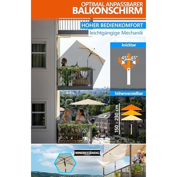 4smile Sonnenschirm Balkon SunnyShade, 200x125 cm, Beige - UPF 50+ Sonnenschirm rechteckig als Sonnenschutz Balkon - SunnyEasy Balkon-Schirm mit 2 x Sonnenschirmhalter + Sonnenschirmhülle – Bild 6
