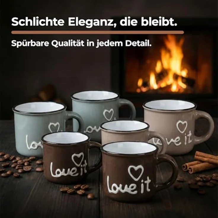 matches21 HOME & HOBBY Tasse Espresso-Tassen Herz-Dekor 6er Set dickwandige Keramik, 50 ml, 6-tlg, Keramik, Kleine Landhaus-Stil Vintage Henkel Herz Kaffee-Tassen – Bild 3