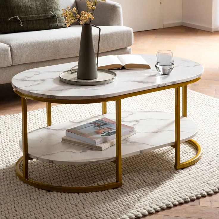 Couchtisch 100x60x45 cm Weiß mit Marmor Optik, Design Wohnzimmertisch Rechtec... – Bild 1