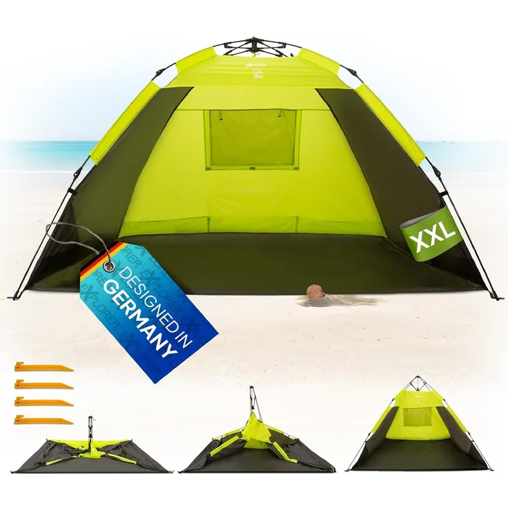EXPLORER XXL Automatik Strandmuschel mit UV Schutz 80+ [220 x 150 x 130 cm] kleines Packmaß leicht und schnell in Sekunden aufgebautes Strandzelt Sonnenschutz Muschel automatisch Windschutz grün