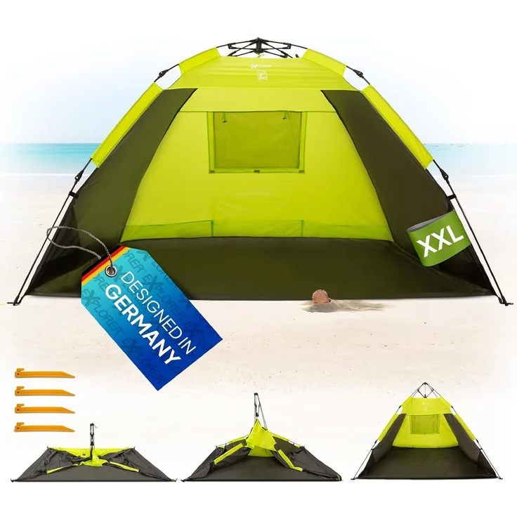 EXPLORER XXL Automatik Strandmuschel mit UV Schutz 80+ [220 x 150 x 130 cm] kleines Packmaß leicht und schnell in Sekunden aufgebautes Strandzelt Sonnenschutz Muschel automatisch Windschutz grün – Bild 1